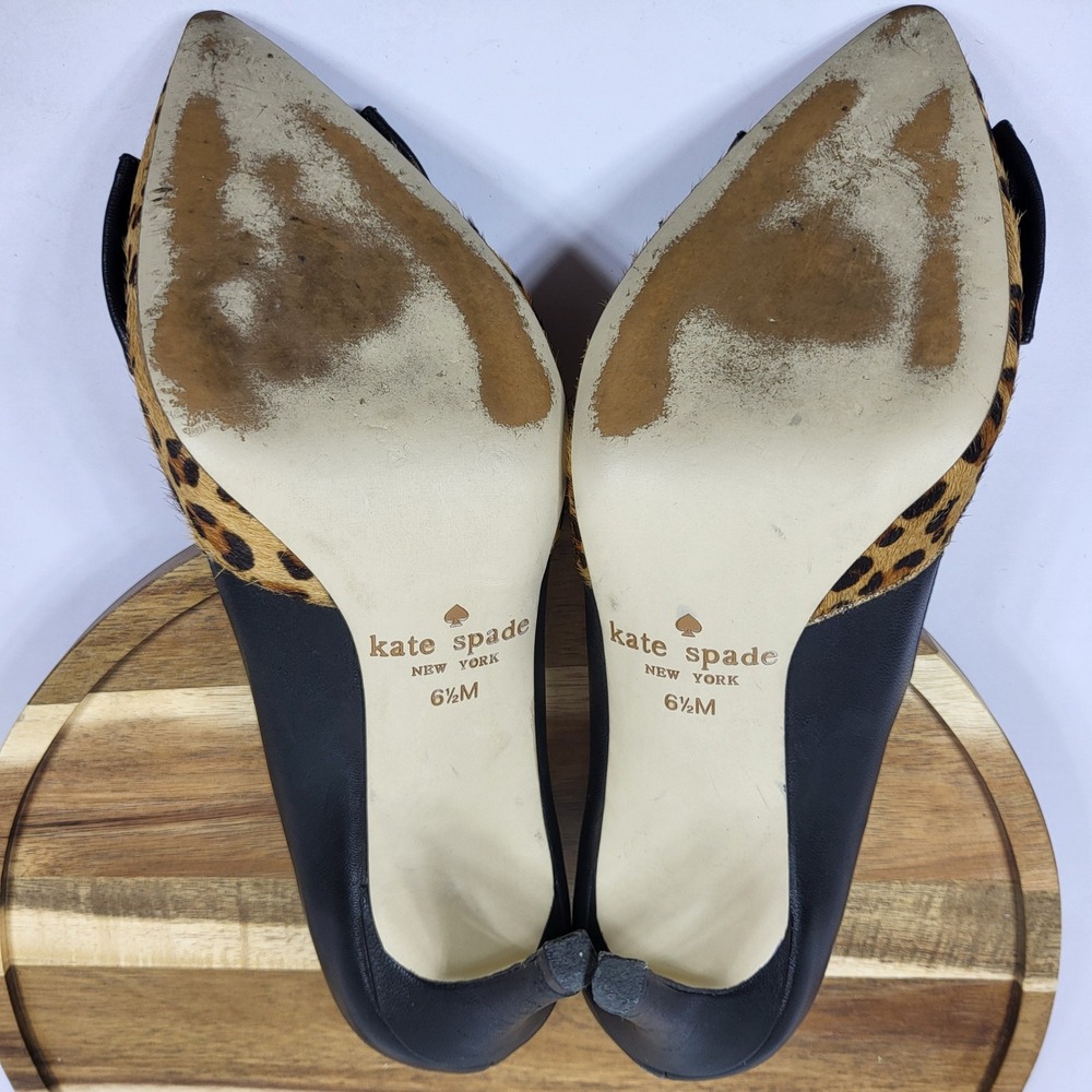 Kate Spade Leopard Print Calf Hair Black Leather‎ Bow Pointed Toe Pumps 6.5M - Picture 8 of 13